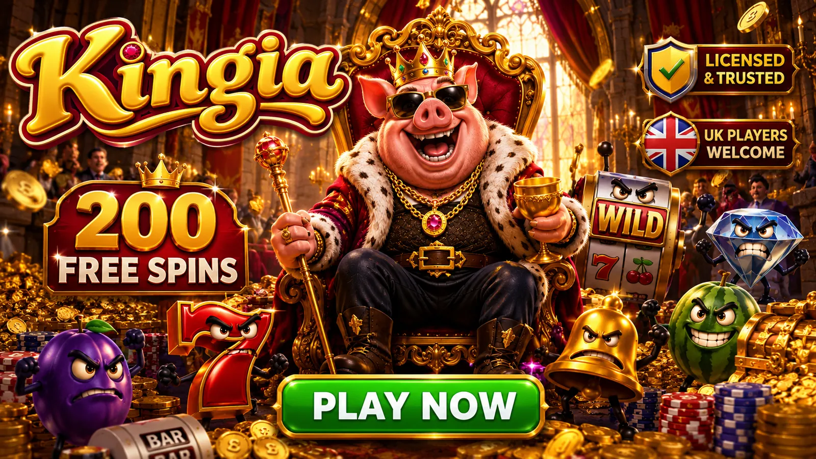 Kingia Casino banner — 200 free spins for new UK players