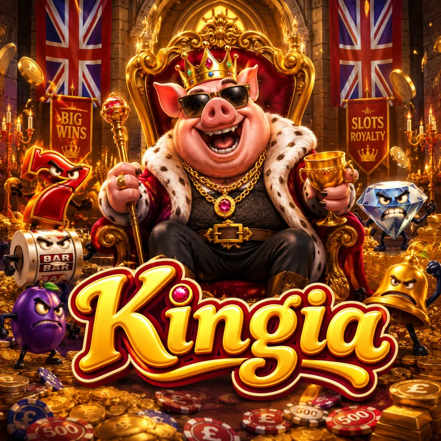 The Kingia pig king on his golden throne surrounded by coins and slot symbols