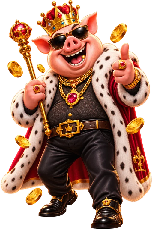 The Kingia pig king, crown and sceptre in hand